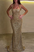 Velda Sequin Halter Square Neck Ruched Waist Back Lace-up Drape Flare Maxi Dress