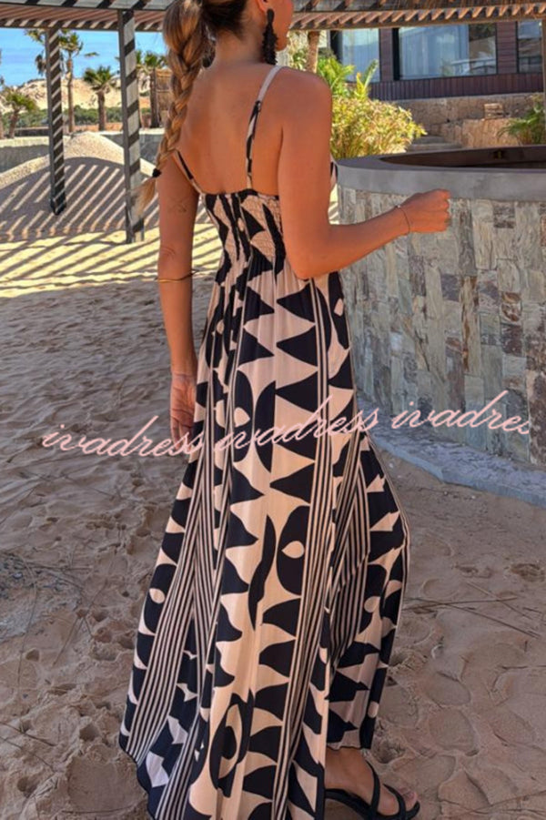 Sabine Geometric Print V-Neck Back Smocked A-line Maxi Dress