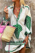 Lapel V Neck Long Sleeve Printed Shirt Dress