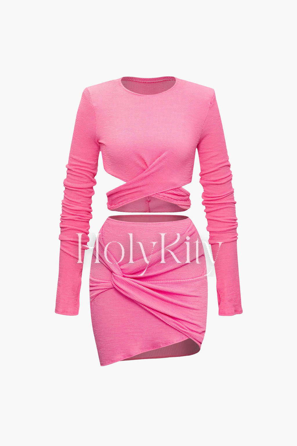 Textured Cross Ruched Long Sleeve Top And Mini Skirt Set