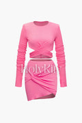 Textured Cross Ruched Long Sleeve Top And Mini Skirt Set