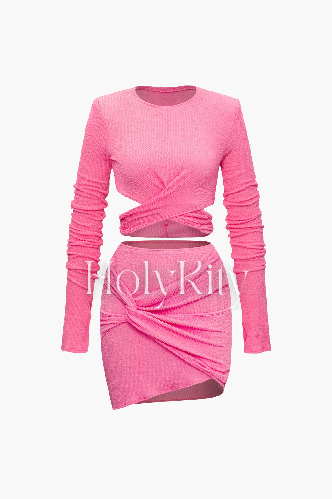 Textured Cross Ruched Long Sleeve Top And Mini Skirt Set