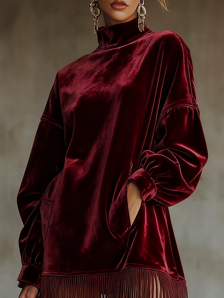 sheenchic Party Burgundy High Collar Long Sleeve Strappy Elegant Pocket Velvet Mini Dresses