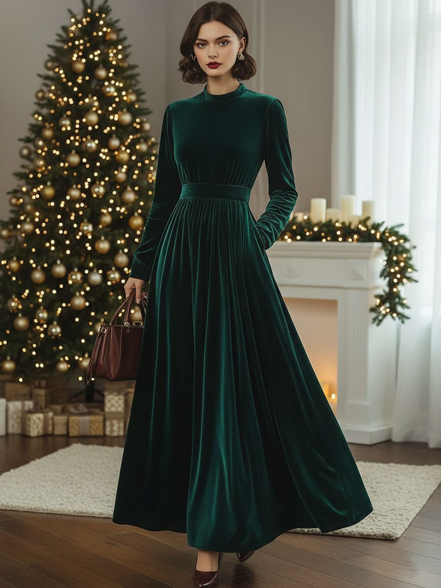 【24-hour shipping out】Stand Collar Loose Party Pocket Solid Velvet Long Sleeve Maxi Dress