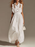 Elegant Vintage-style Embroidered White Sleeveless Cotton-blend Maxi Dress