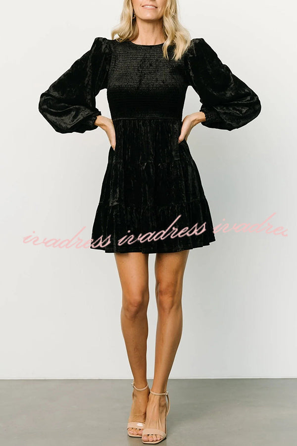 Kele Velvet Balloon Sleeve Patchwork Smocked Crew Neck Mini Dress