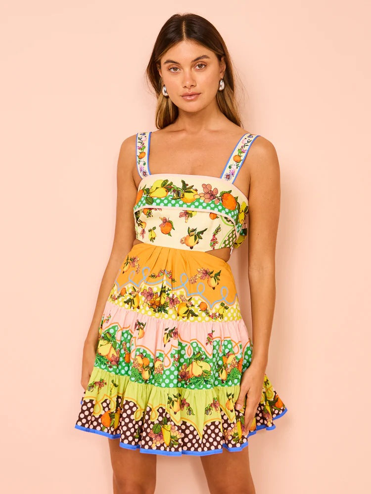 Sling Sleveeless Fruit Printed Mini Dress