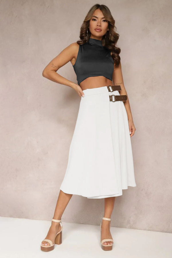 Leather Stitching Solid Color Fashionable Skirt. Elegant and Artistic Retro Skirt for Women