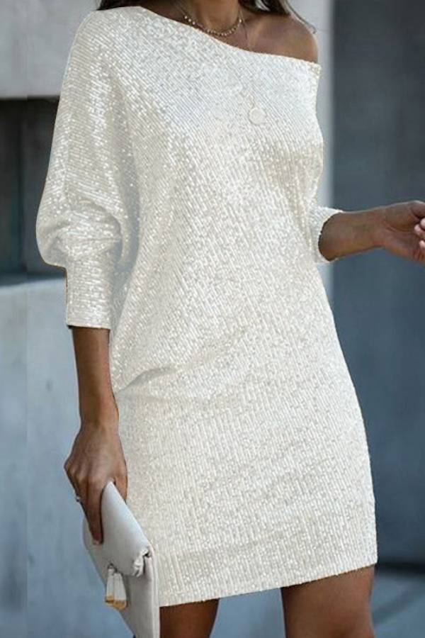 Sequined One Shoulder Off-The-Shoulder Batwing Sleeve Party Dress