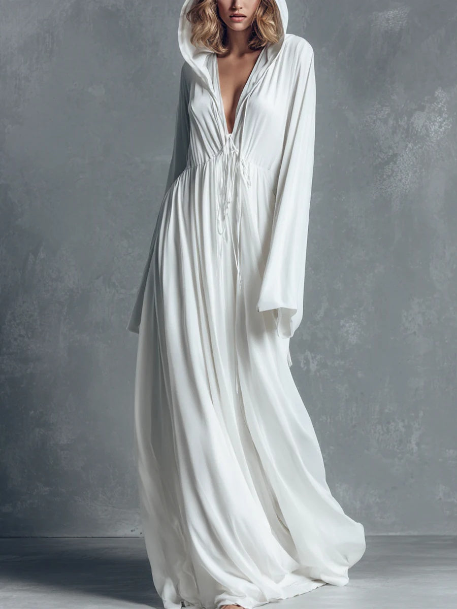 sheenchic Daily White V Neck Long Sleeve Pocket Casual Maxi Dresses [Pre-Order]