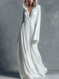 sheenchic Daily White V Neck Long Sleeve Pocket Casual Maxi Dresses [Pre-Order]