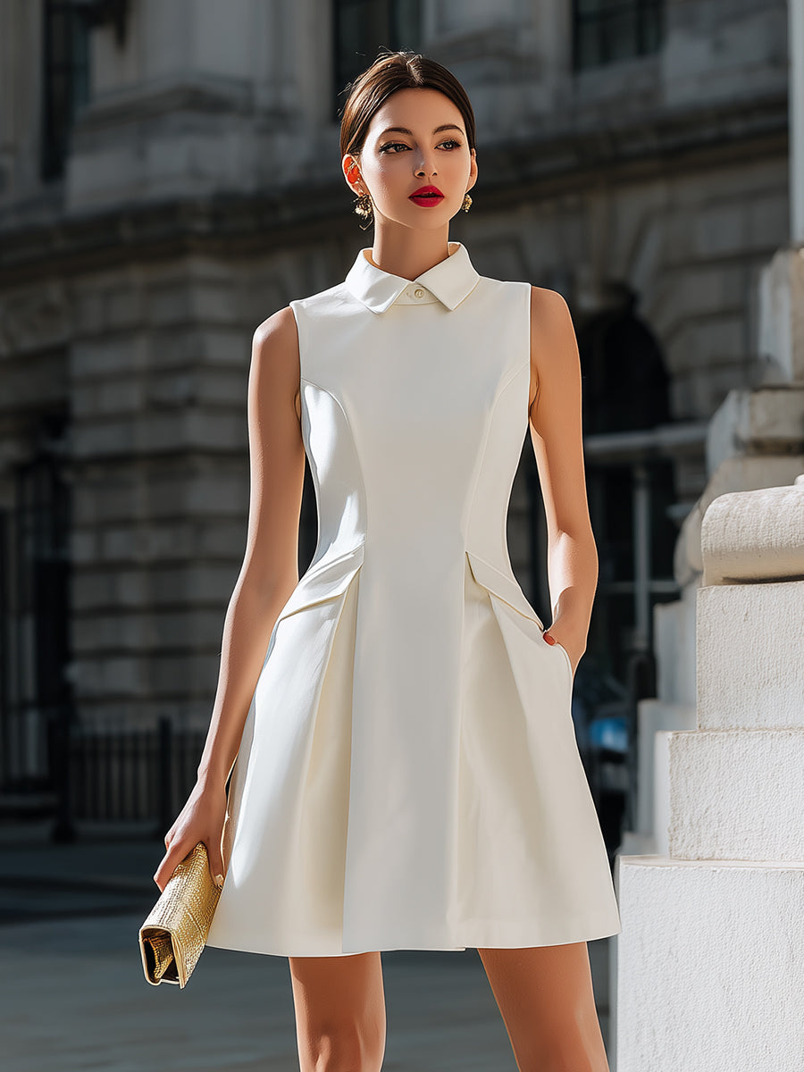 Sleeveless Collared A-Line Mini Dress With Sculpted Waist