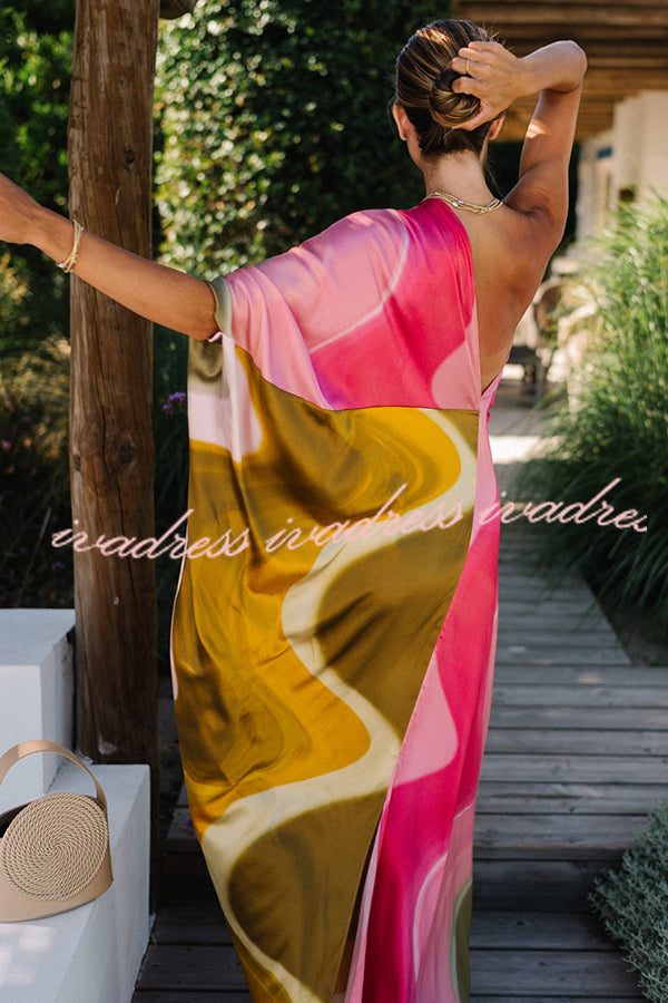 Summertime Favorites Satin Tie Dye Print One Shoulder Drape Vacation Maxi Dress
