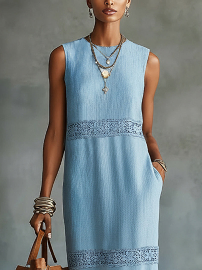 Light Blue Sleeveless Linen Maxi Dress With Lace Insets