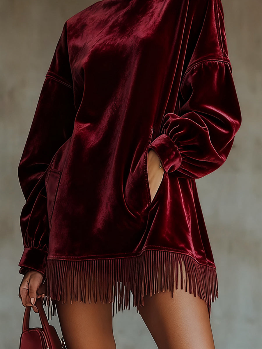 sheenchic Party Burgundy High Collar Long Sleeve Strappy Elegant Pocket Velvet Mini Dresses