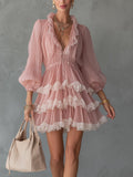 Pink Pleated Chiffon Ruffle Mini Dress