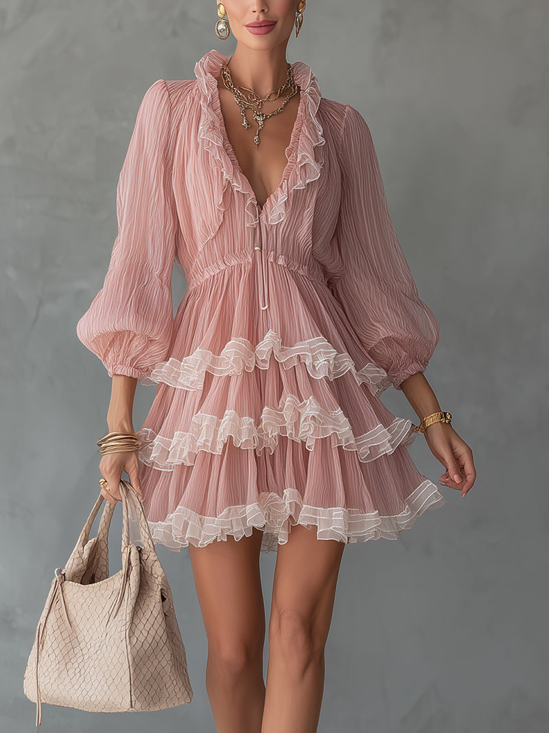 Pink Pleated Chiffon Ruffle Mini Dress