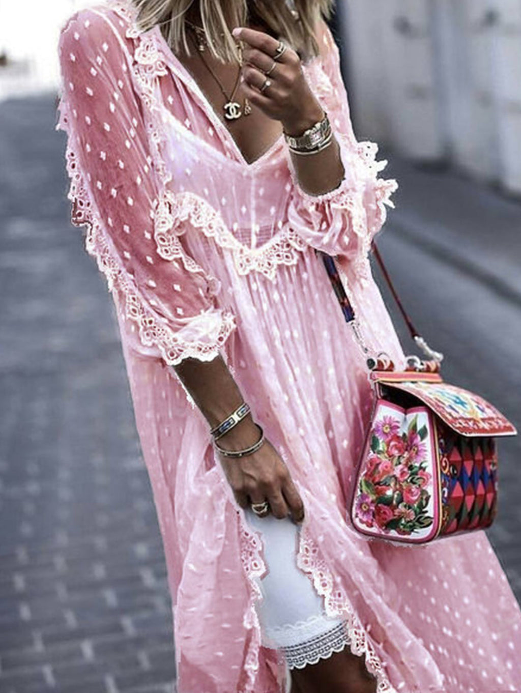 Polka Dot Jacquard See-through V Neck Maxi Dress