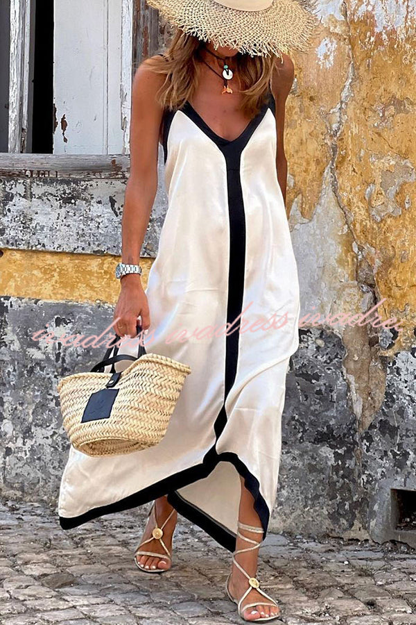 Traveling The Horizon Satin Colorblock Strap Loose Maxi Dress