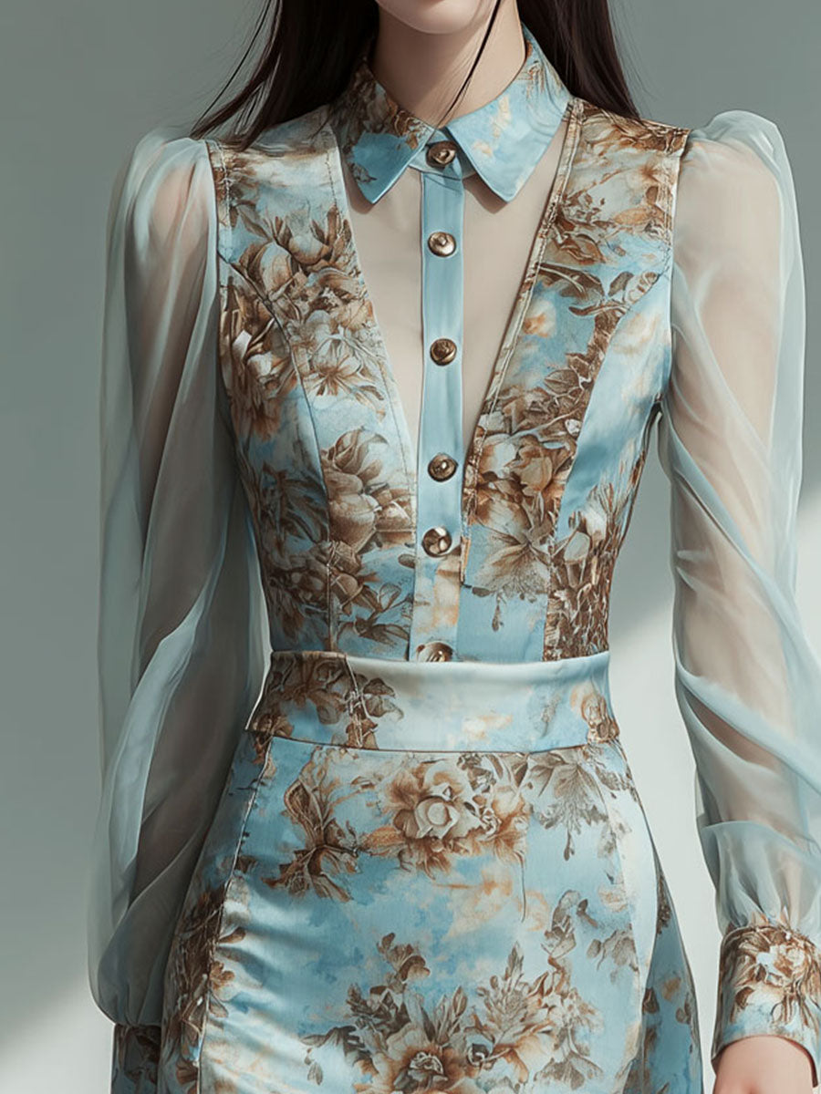 Vintage Sheer Sleeve Blue Floral Satin Mini Dress