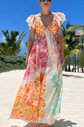 Blooming Beauty Multicolor Floral Frill Cutout Back Tie-up Maxi Dress