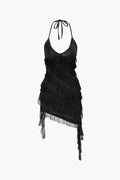 Asymmetric Tiered Ruffle Halter Mini Dress