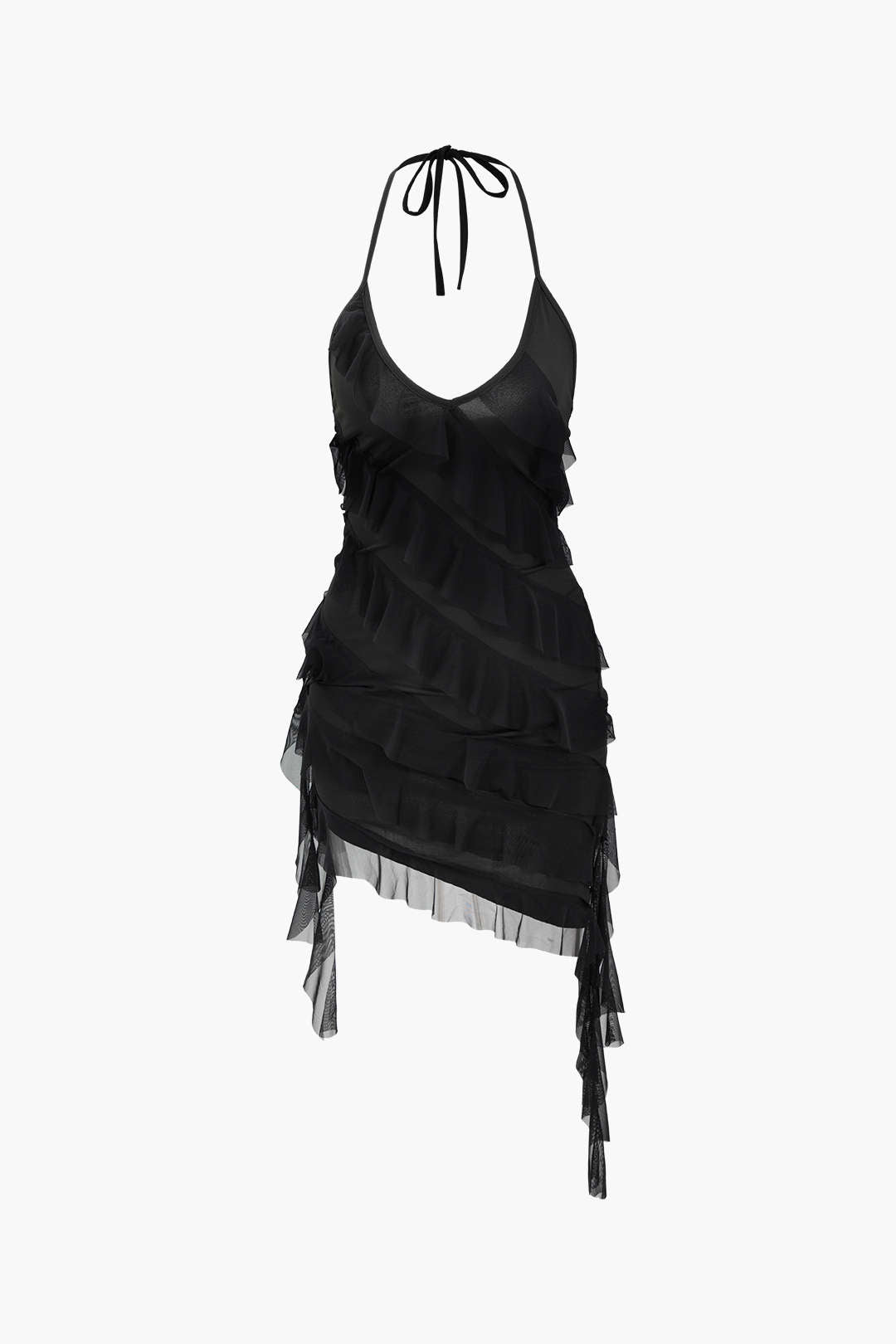 Asymmetric Tiered Ruffle Halter Mini Dress