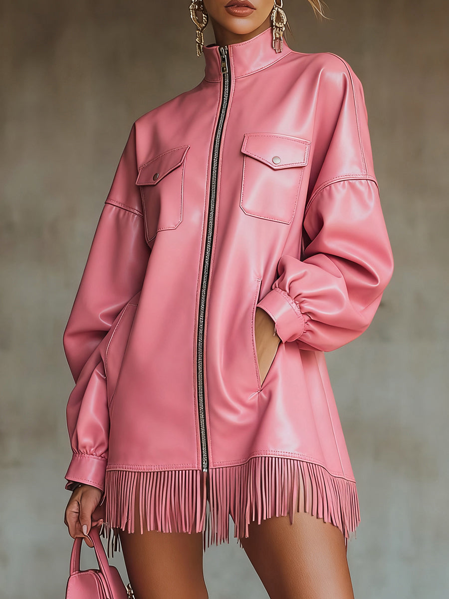 sheenchic Daily Pink High Collar Lantern Sleeve Long Sleeve Strappy Casual Pocket PU Leather Mini Dresses