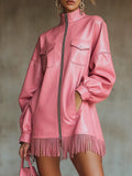 sheenchic Daily Pink High Collar Lantern Sleeve Long Sleeve Strappy Casual Pocket PU Leather Mini Dresses
