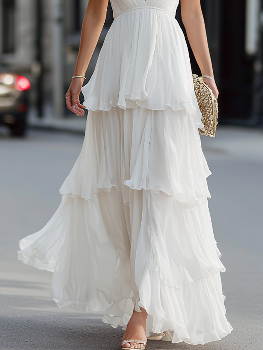 Tiered V-Neck Spaghetti Strap Maxi Dress