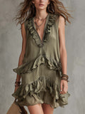 Boho Vintage Olive Ruffle V-Neck Tencel Mini Dress