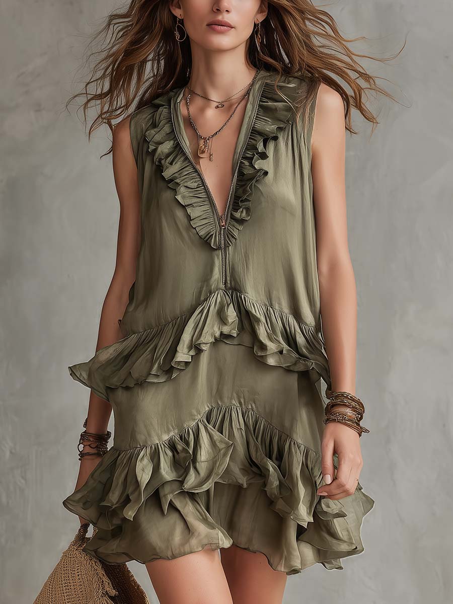 Boho Vintage Olive Ruffle V-Neck Tencel Mini Dress