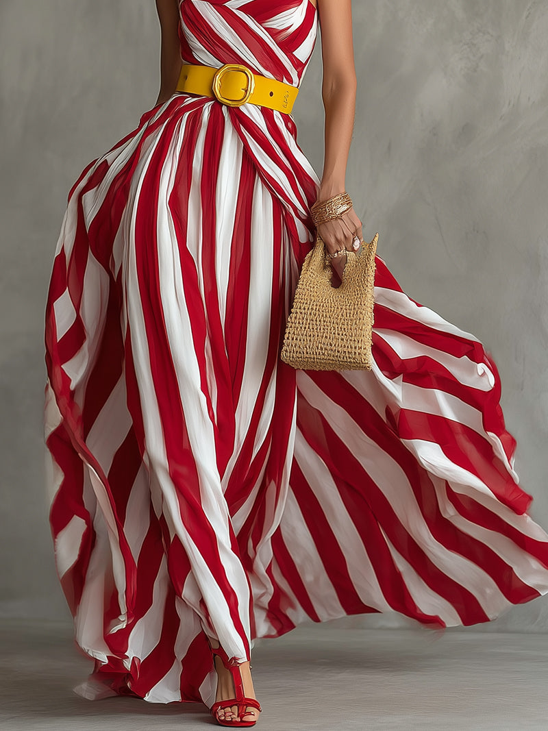 Red And White Striped Pleated Strapless Maxi Dress