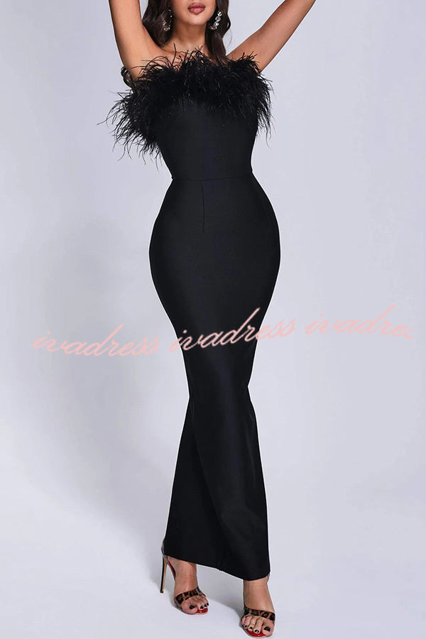 Sivir Feather Off Shoulder High Waisted Slit Maxi Dress