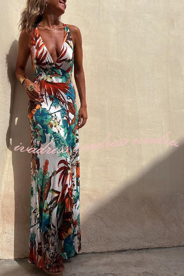 Rainforest Paradise Tropical Print Cutout Back Crossover Stretch Maxi Dress