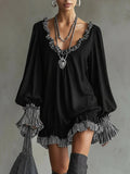 Daily Black Striped V Neck Long Sleeve Ruffled Vintage Contrast Mini Dresses
