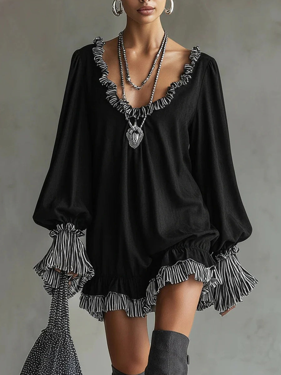 Daily Black Striped V Neck Long Sleeve Ruffled Vintage Contrast Mini Dresses