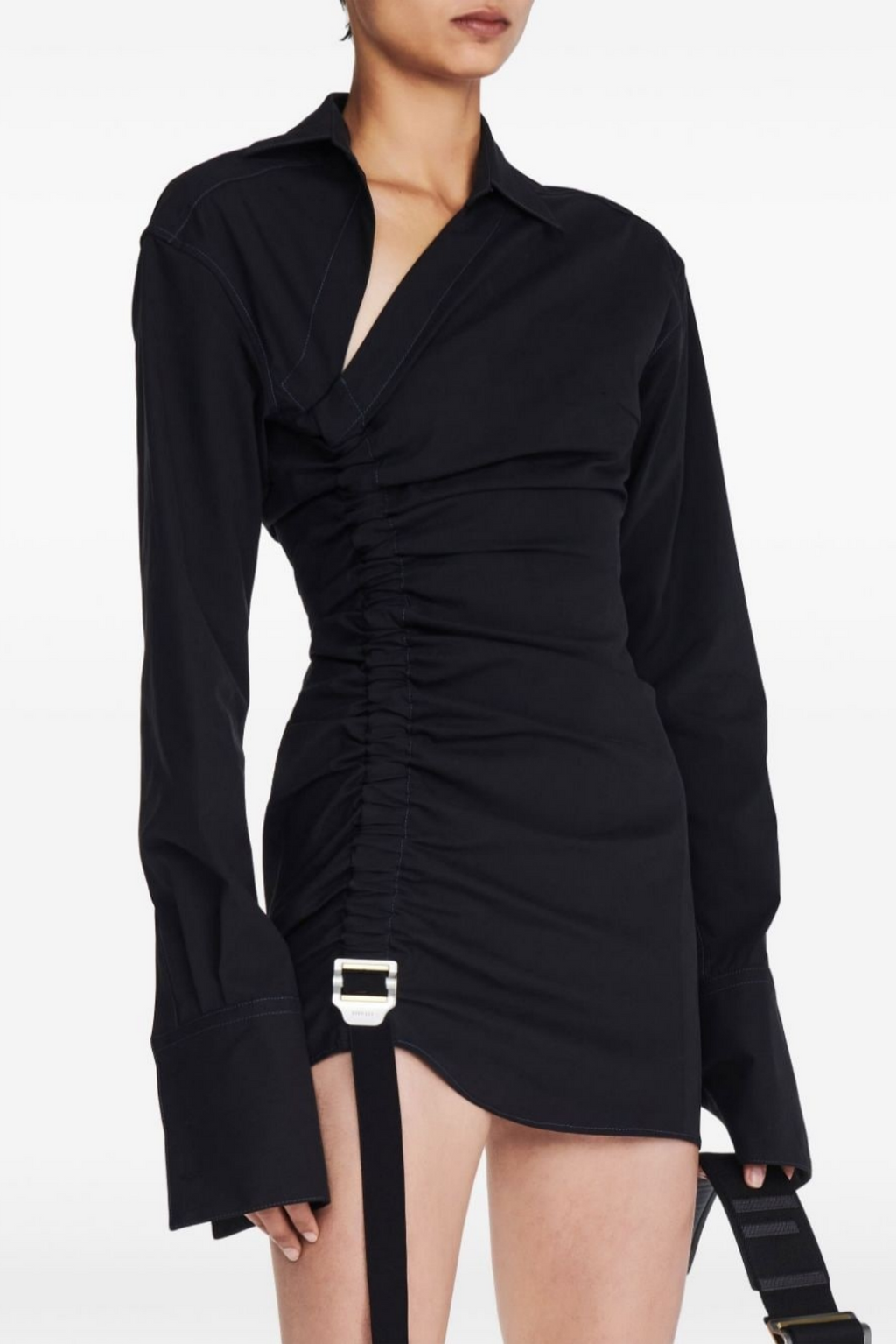 Adamar Asymmetric Buckle Ruched Mini Shirt Dress
