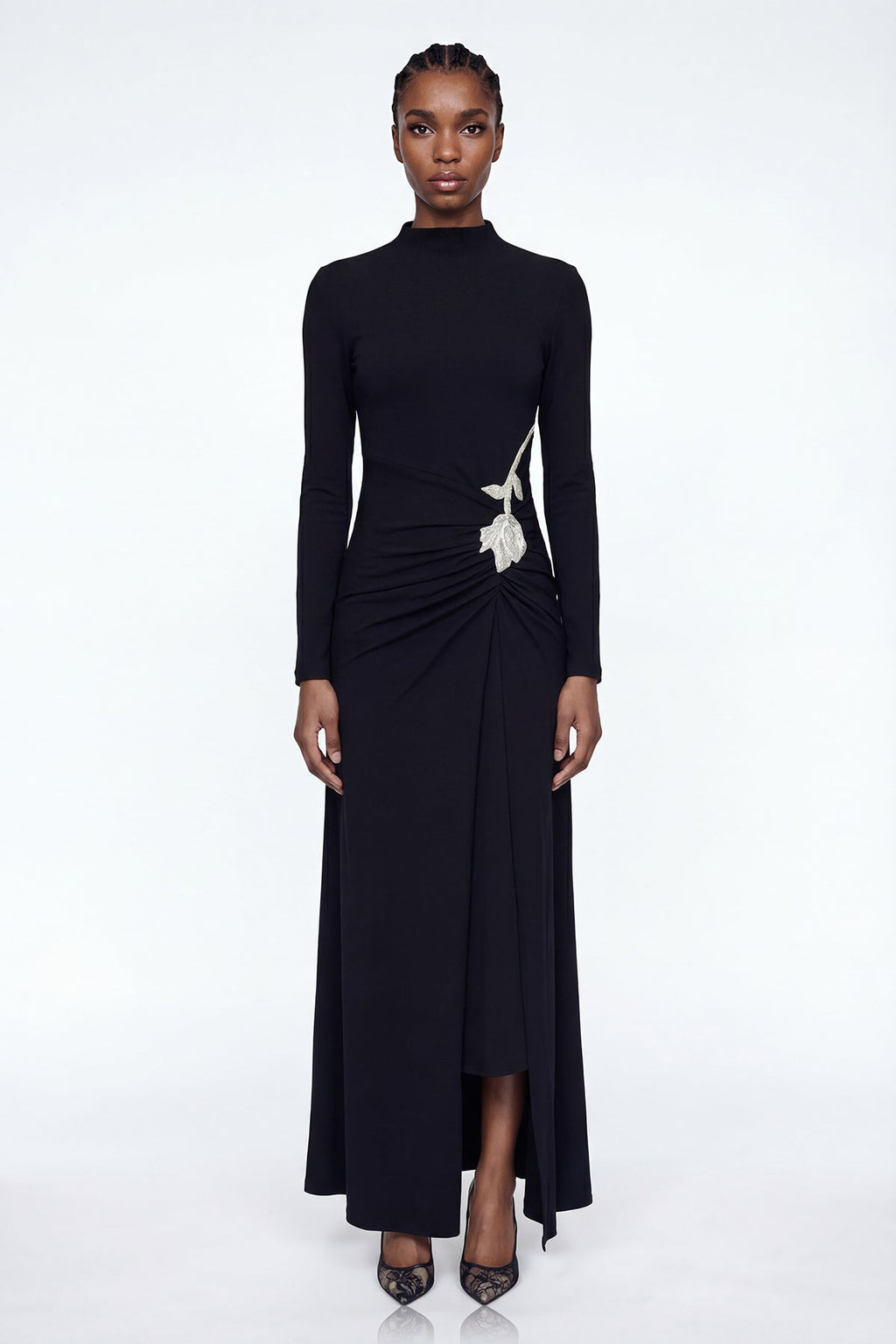 Adobe Long Sleeve Rhinestone Flower Maxi Dress In Black