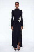 Adobe Long Sleeve Rhinestone Flower Maxi Dress In Black