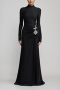 Adobe Long Sleeve Rhinestone Flower Maxi Dress In Black