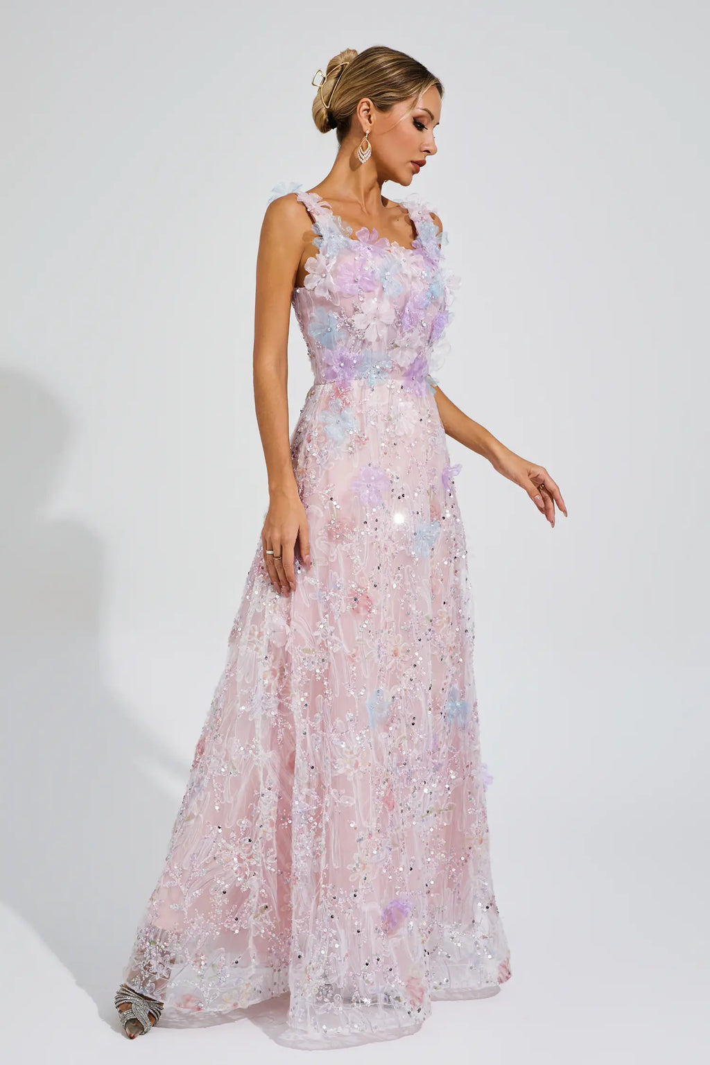 Adolph Pink Flower Sequin Maxi Dress