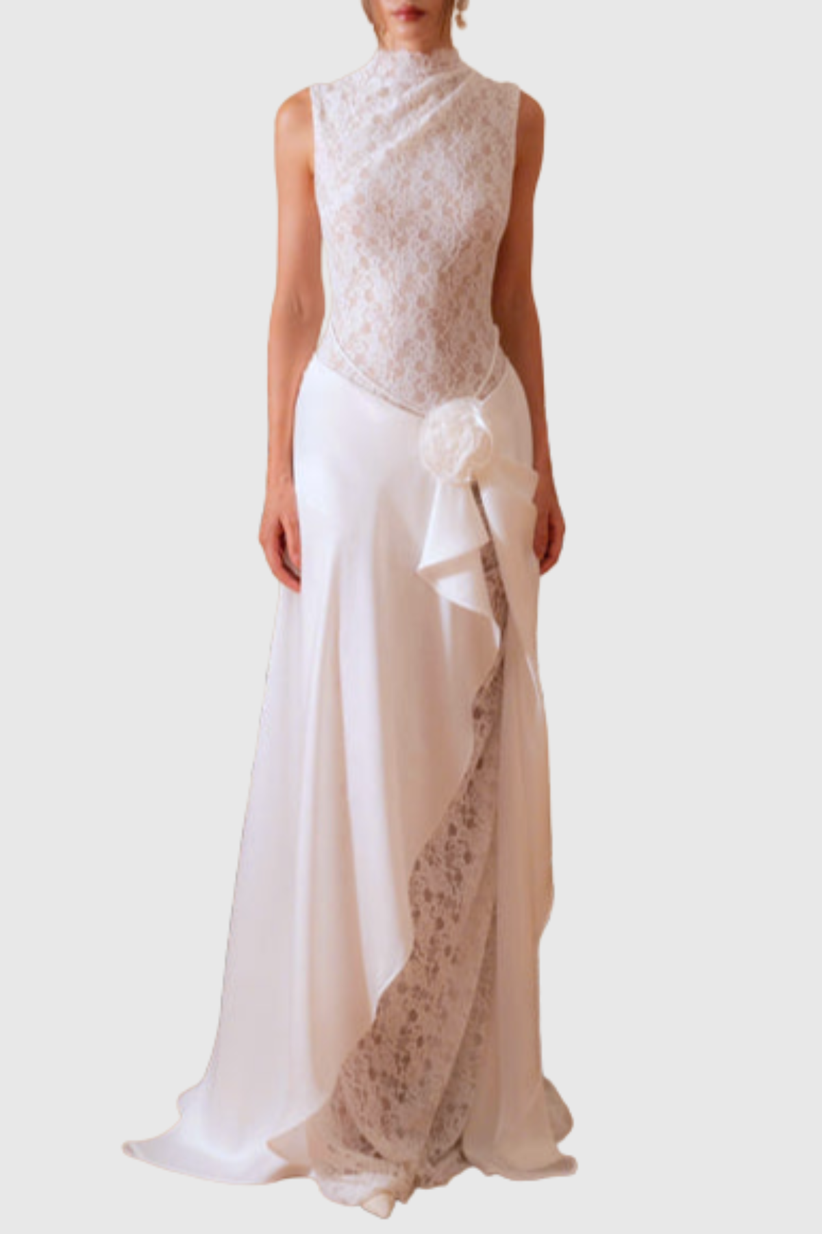 Akiva Lace Floral Sleeveless Draped Maxi Dress
