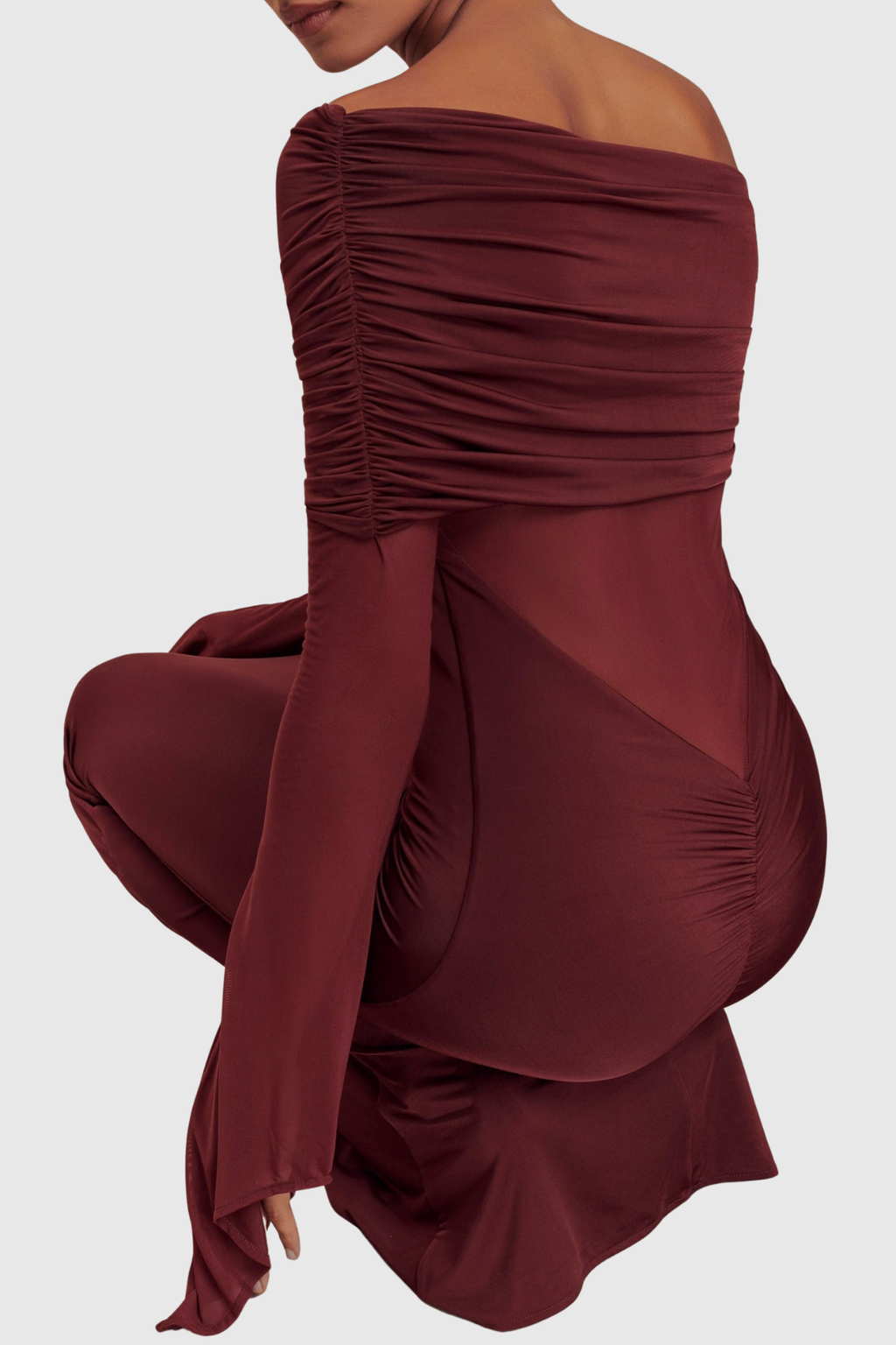 Aletris Off Shoulder Mesh Maxi Dress - Brown