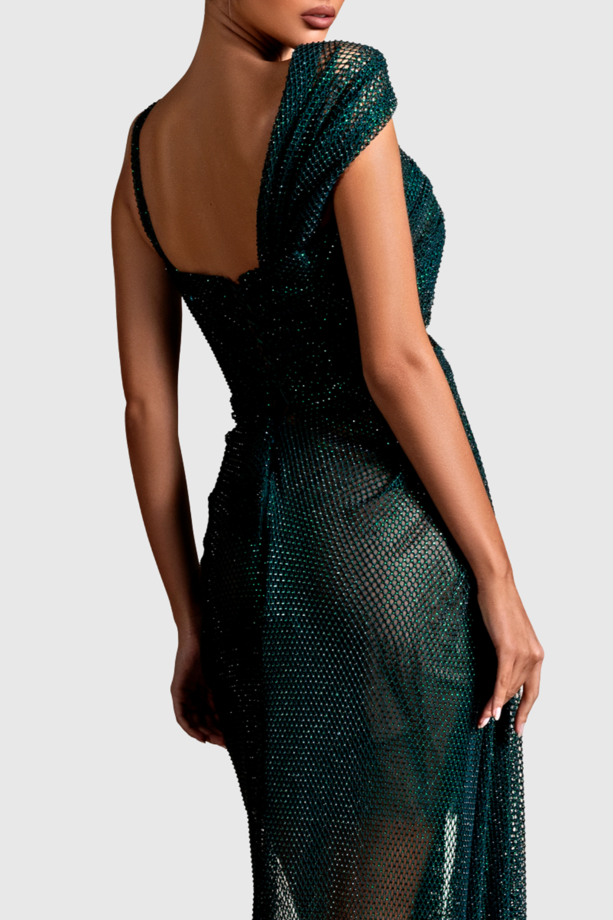 Alexana Rhinestone Mesh Asymmetric Split Maxi Dress