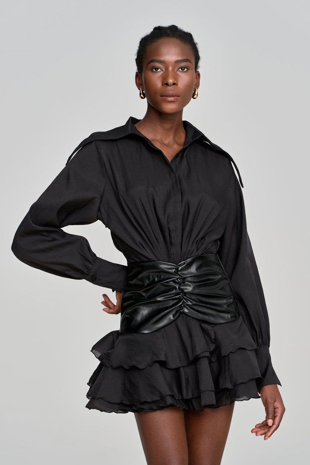 Alohilani Ruch Ruffle Leather Buckle Mesh Mini Dress