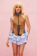 Alyce Deconstruct Lace Up Ruffle Mini Dress In Brown