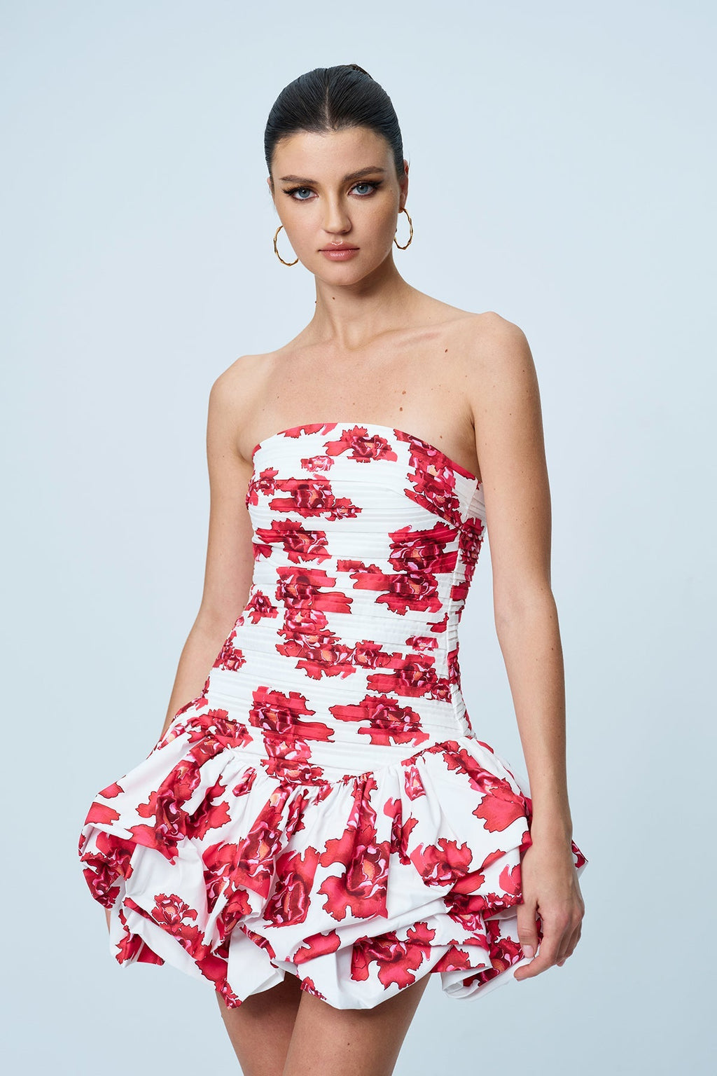 Americus Floral Ruch Strapless Mini Dress In Red
