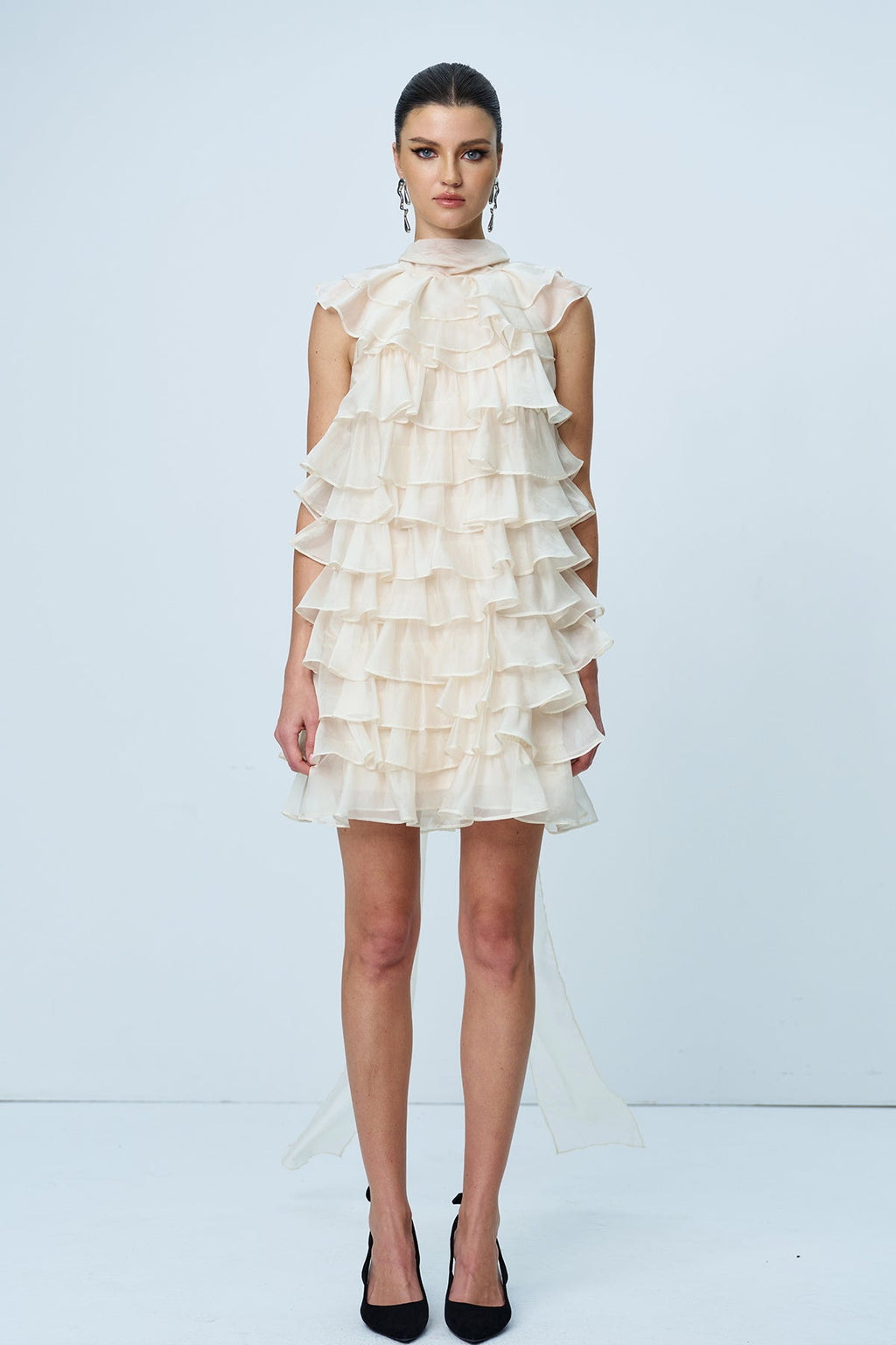 Ames Ruffle Ruch Sleeveless Mini Dress In Apricot