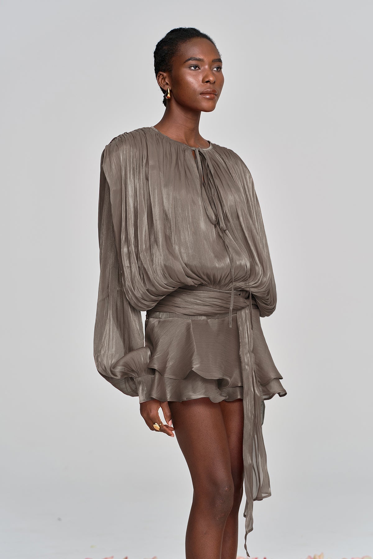 Aminah Balloon Sleeve Ruch Ruffle Mini Dress In Brown
